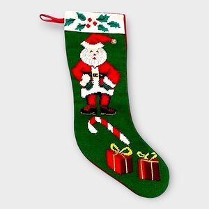 Vintage Needlepoint Santa Christmas Stocking Green Red 17" Holiday Decor